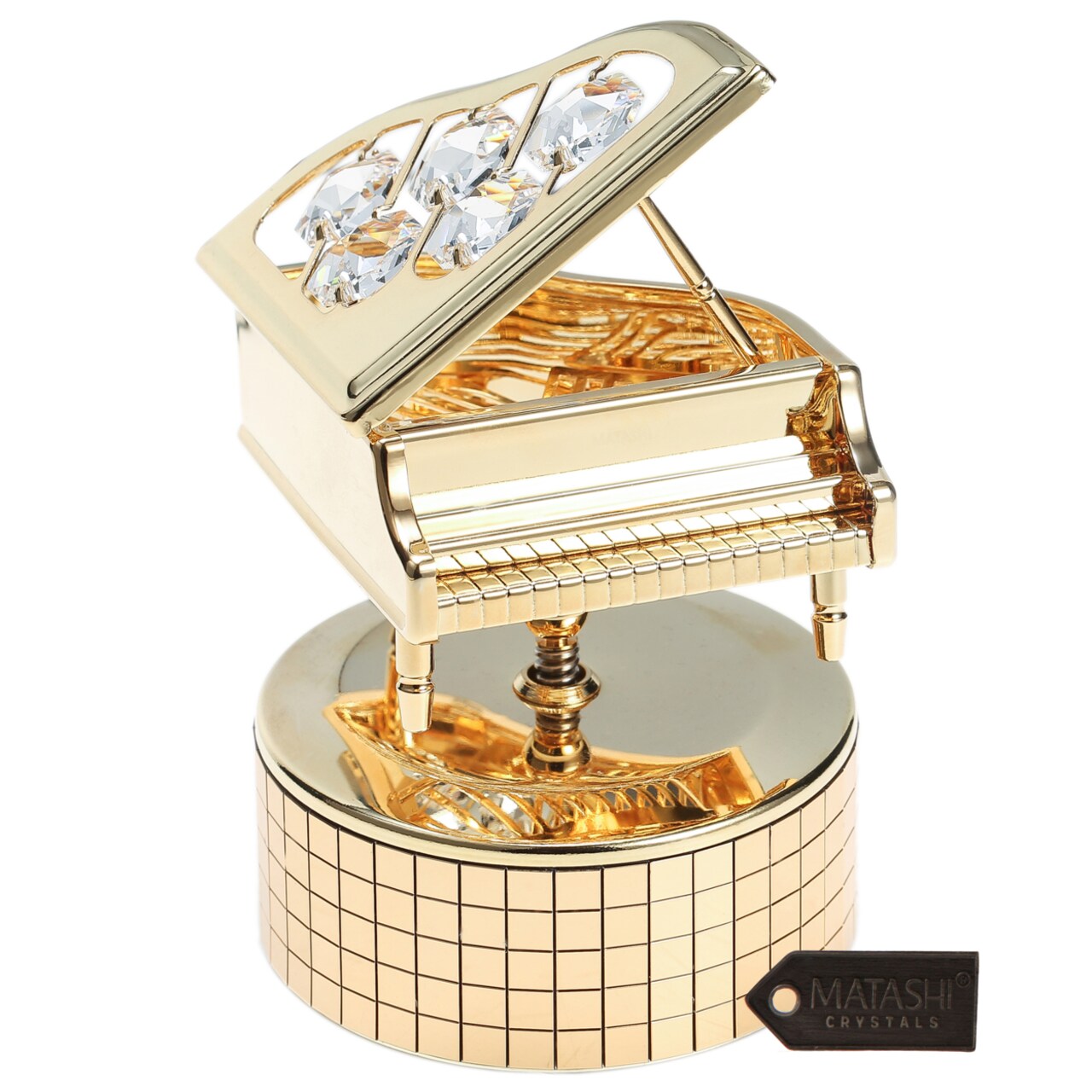 24K Gold Plated Wind Up Music Box With Crystal Studded Grand Piano Figurine By Matashi